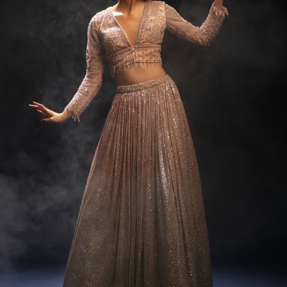 Peach And Silver Ombre Lehenga Embellished In Sequins And Hand Embroidered Choli - Picture 6 of 6